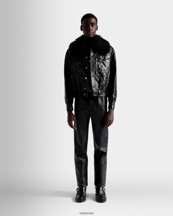 שָׁחוֹר Bally עור מעיל בומבר גברים הַלבָּשָׁה AS12D1088