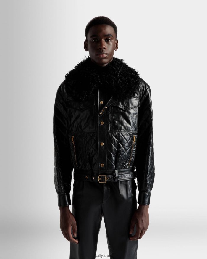 שָׁחוֹר Bally עור מעיל בומבר גברים הַלבָּשָׁה AS12D1088