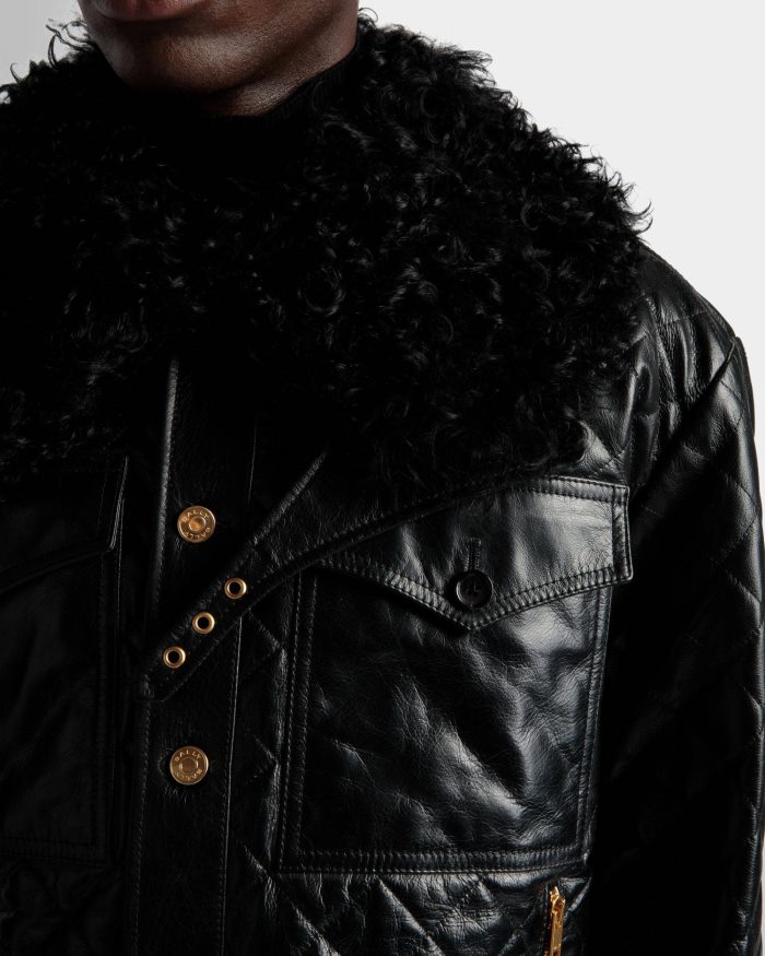 שָׁחוֹר Bally עור מעיל בומבר גברים הַלבָּשָׁה AS12D1088