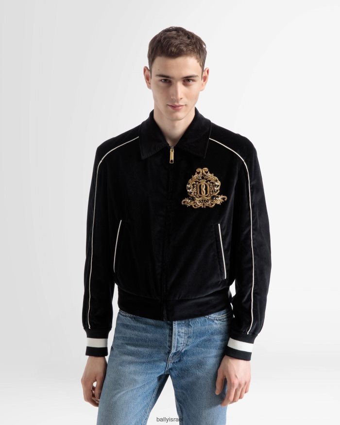 שָׁחוֹר Bally מעיל בומבר מקטיפה רקום גברים הַלבָּשָׁה AS12D1134