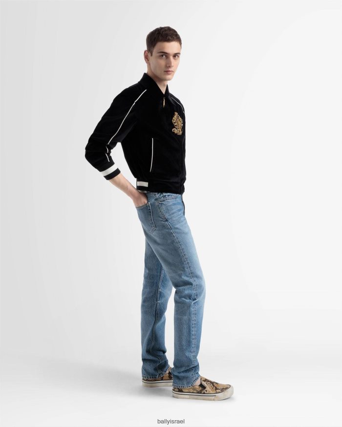 שָׁחוֹר Bally מעיל בומבר מקטיפה רקום גברים הַלבָּשָׁה AS12D1134