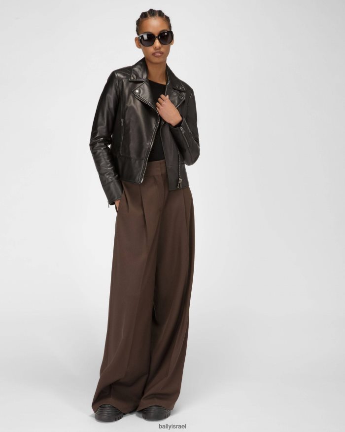 שָׁחוֹר Bally מעיל עור לאופנוענים נשים הַלבָּשָׁה AS12D62