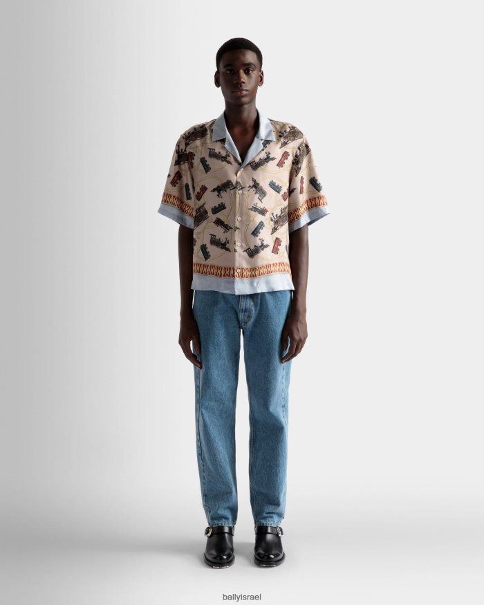 סַסגוֹנִיוּת Bally חולצת צווארון מחנה הדפסת רכבת משי גברים הַלבָּשָׁה AS12D862