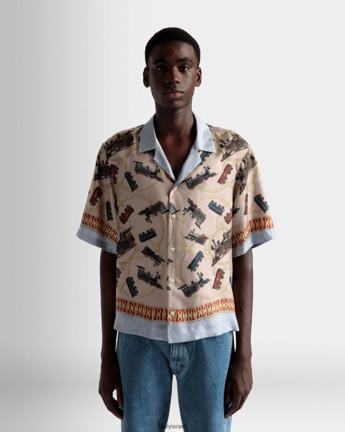 סַסגוֹנִיוּת Bally חולצת צווארון מחנה הדפסת רכבת משי גברים הַלבָּשָׁה AS12D862