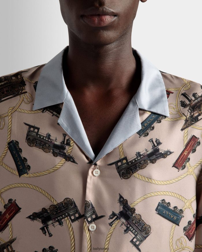 סַסגוֹנִיוּת Bally חולצת צווארון מחנה הדפסת רכבת משי גברים הַלבָּשָׁה AS12D862