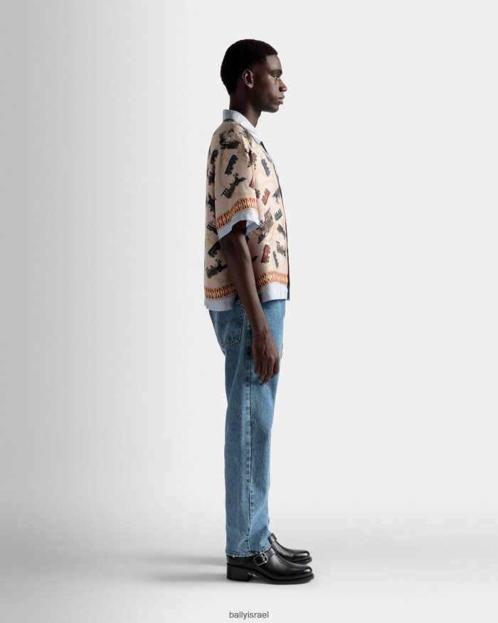 סַסגוֹנִיוּת Bally חולצת צווארון מחנה הדפסת רכבת משי גברים הַלבָּשָׁה AS12D862