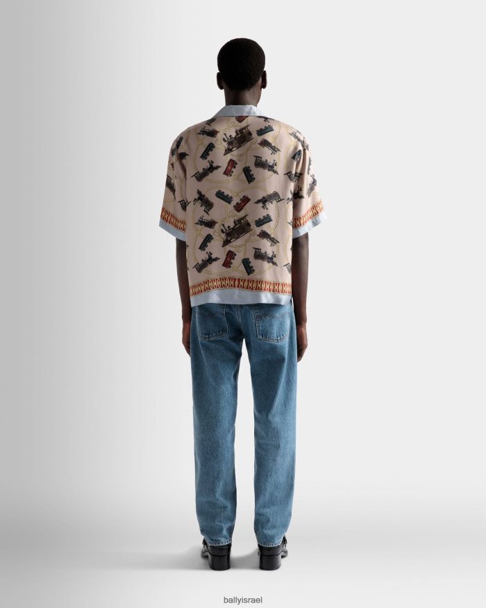 סַסגוֹנִיוּת Bally חולצת צווארון מחנה הדפסת רכבת משי גברים הַלבָּשָׁה AS12D862